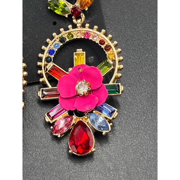 Noir Jewelry Multicolor Rhinestone Pink Flower‎ Floral Dangle Earrings New - Picture 6 of 7